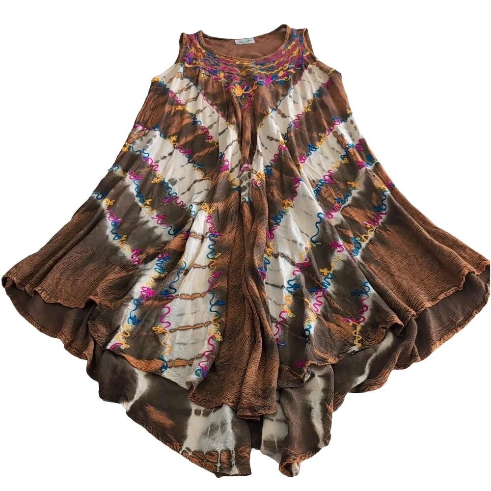 Sante Classics Dress Women's OS One Size Brown Tie Dye Embroidered Festival Boho